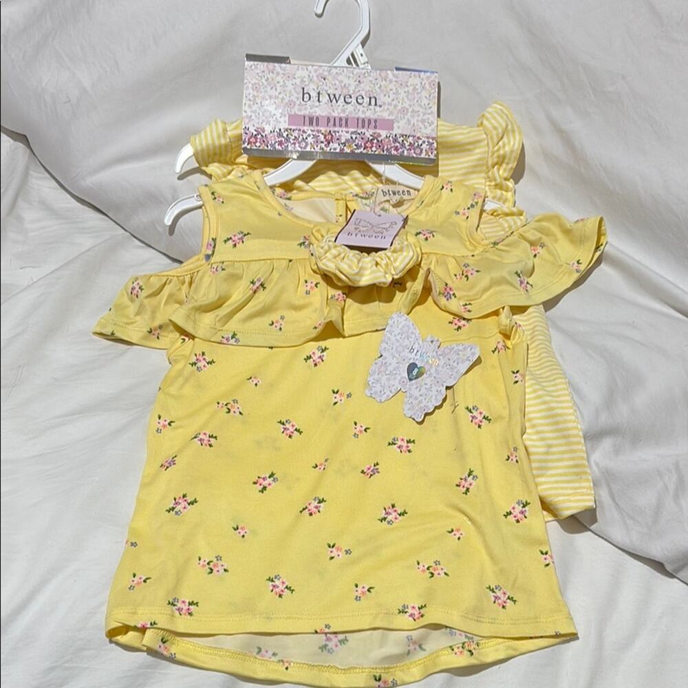 btween 8 Yellow Floral stripe Tank Top duo Lightweight Casual w/scrunchies nwt
